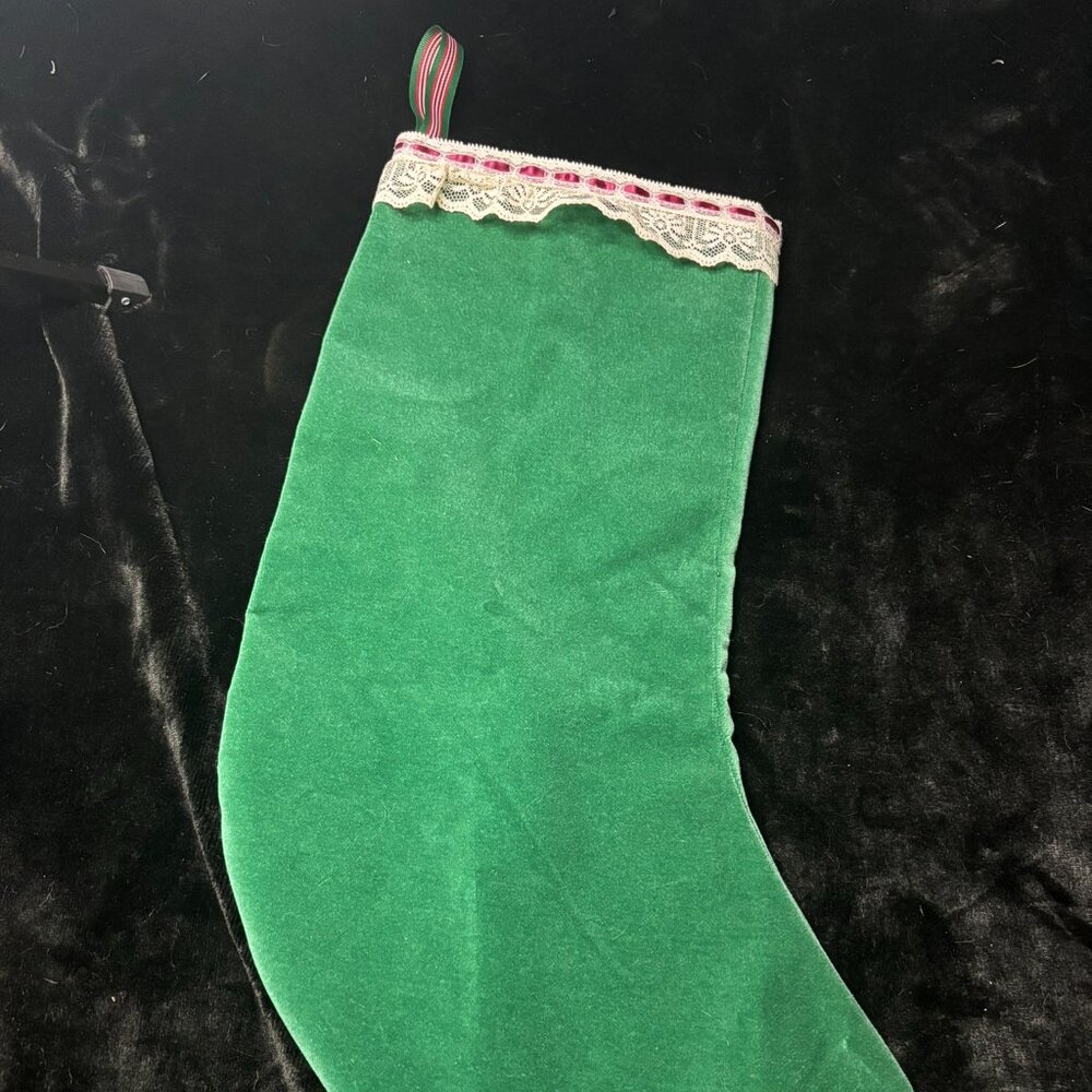 Handmade Vintage-Style Green Velvet Stocking With White
